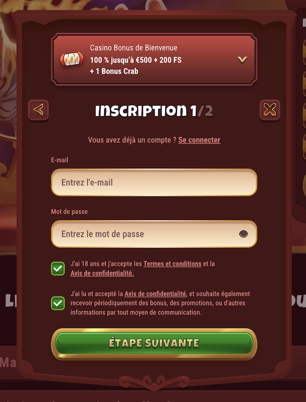 Formulaire d'inscription Magius Casino