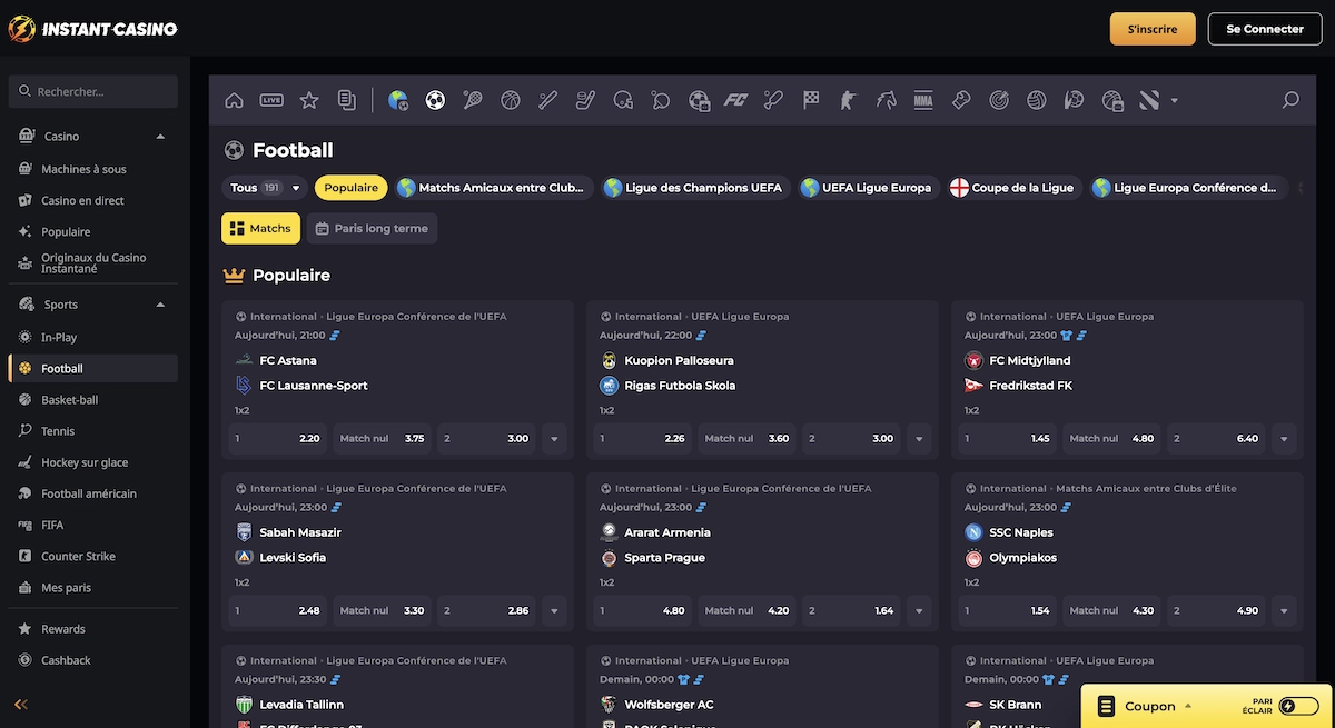 Interface des paris sportifs sur Instant Casino
